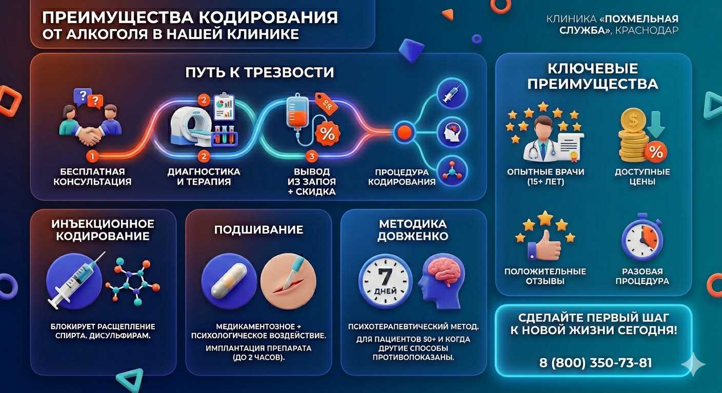 Инфографика о методах кодирования от алкоголя в Кимрах: инъекции, подшивание, метод Довженко. Преимущества клиники и этапы лечения.