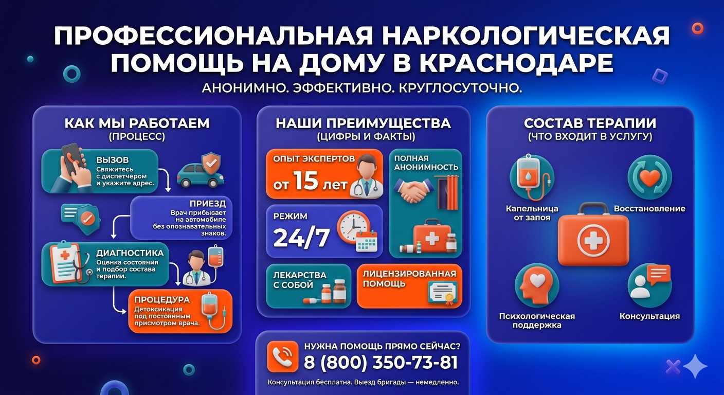 Инфографика о принципах лечения алкоголизма на дому в Кимрах: этапы вызова нарколога, преимущества анонимной детоксикации и состав медицинской помощи.